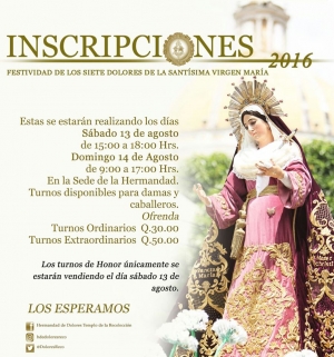 Inscripciones para Procesión de Velación Virgen de Dolores del Templo Recoleto del 03 de septiembre